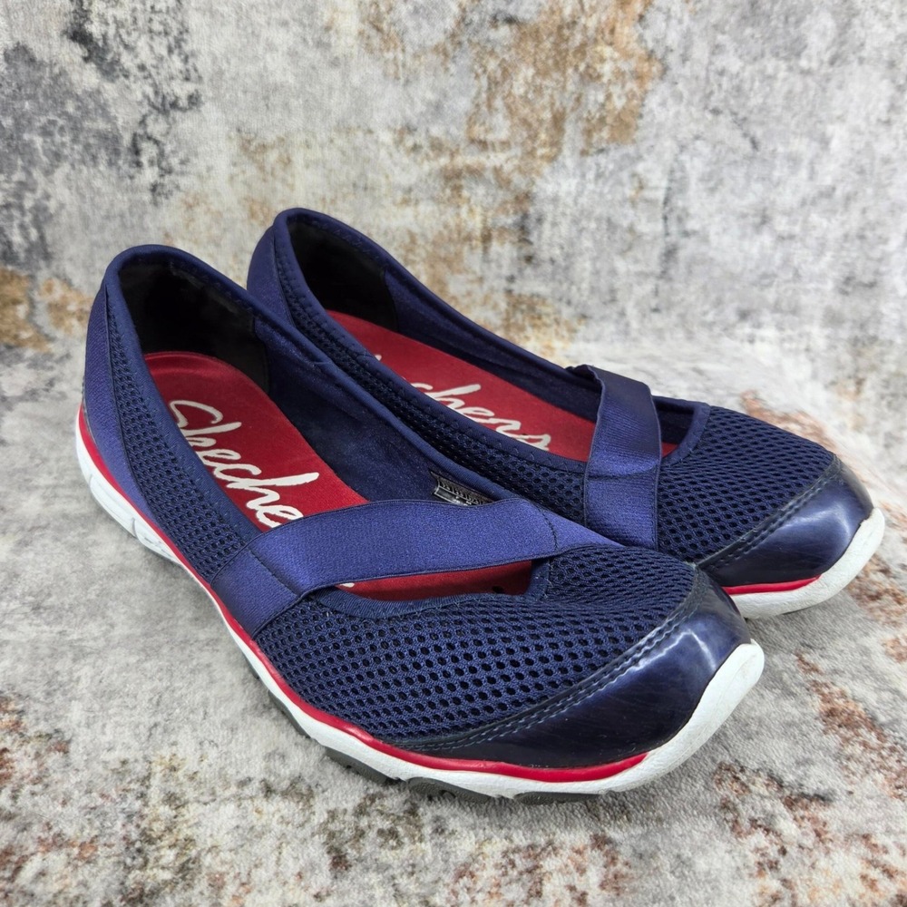 Skecher Mesh Mary Jane Slip On Walking Shoes Womens 7.5 Navy Blue 22108 Comfort